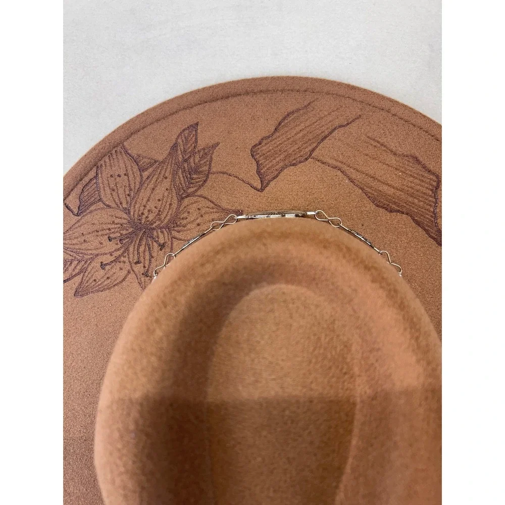 Fedora Womens Burnt felt Hat Brown Hand‎ Drawn Mountain Floral Concho Chain New